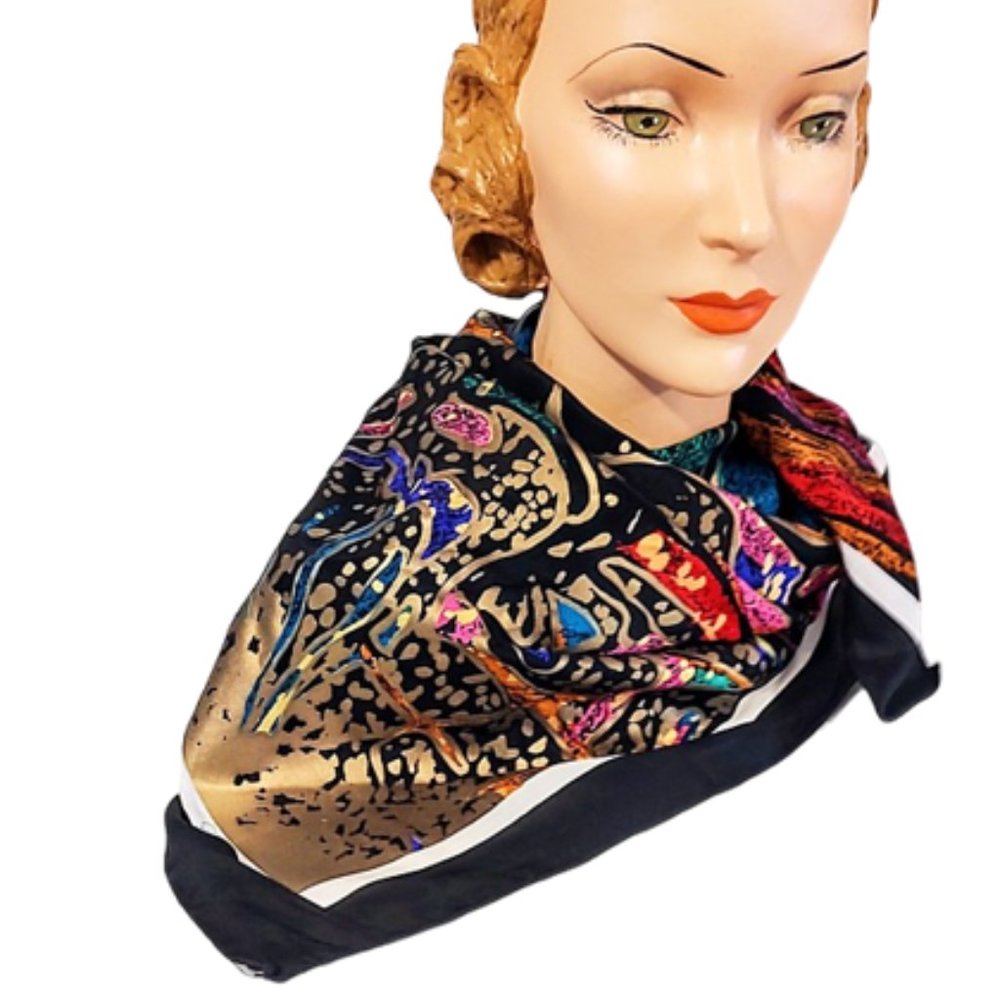1990s Vintage Black Silk Multi Colored Pattern Scarf With Metallic Gold Designs